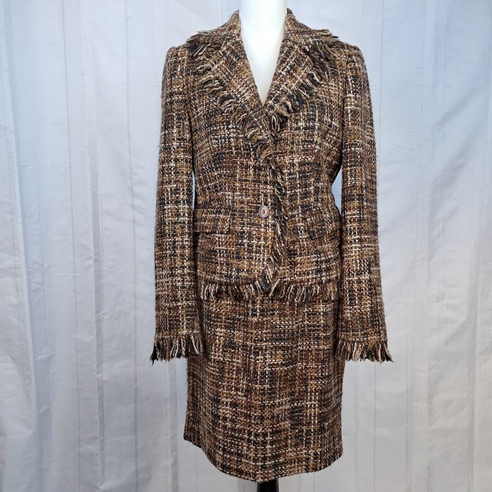 Womens M Brown Earthtones Tweed Fringed 2 PC Skirt Suit Blazer Pencil Skirt